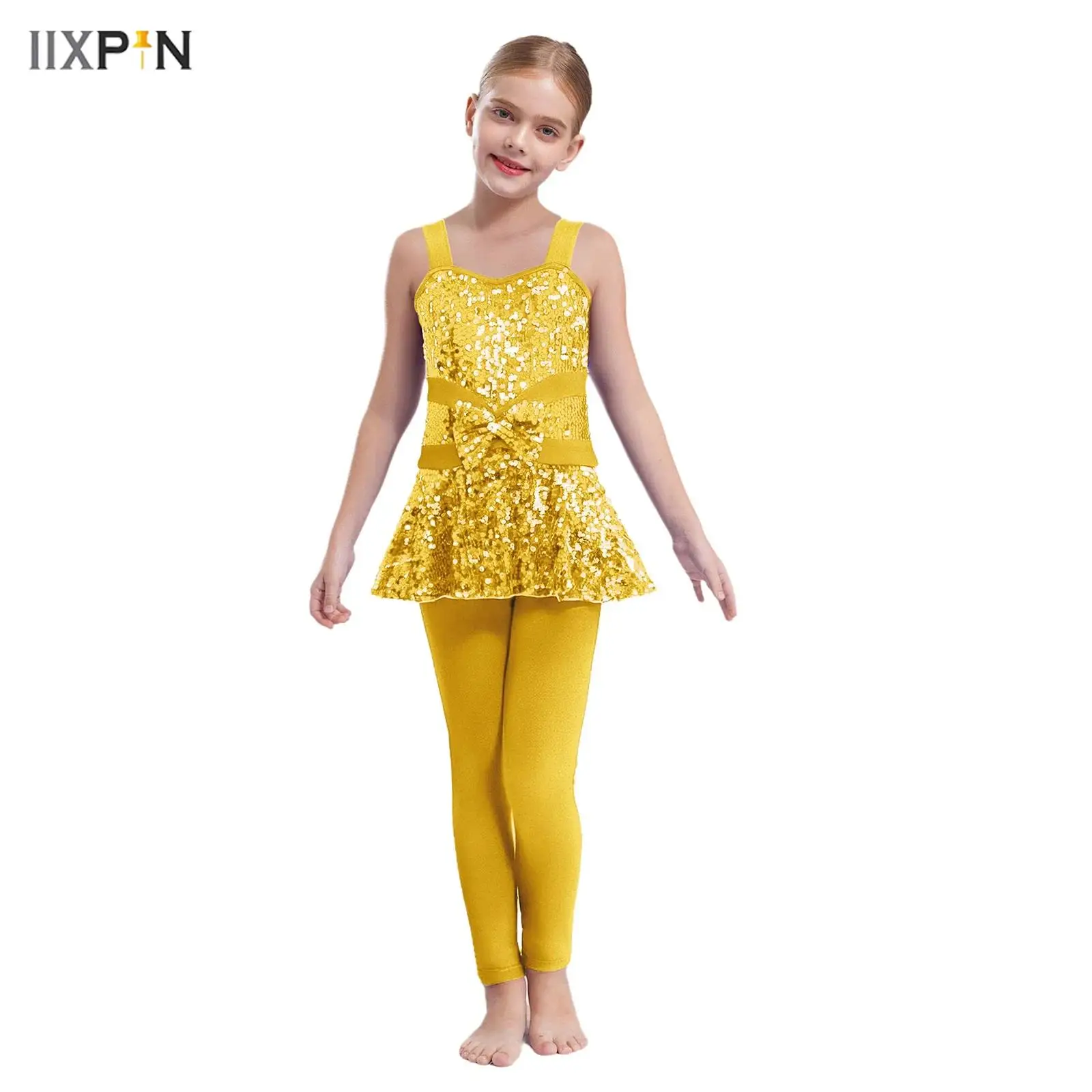 

Kids Girls Jazz Ballet Dance Jumpsuit Wide Shoulder Straps Sleeveless Shiny Sequins Peplum Rompers Hip Hop Street Dancewear