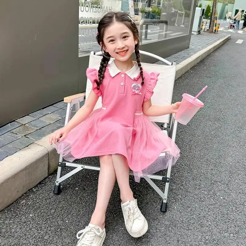 Sanrio Girl Dress Summer Child Baby Princess Style Sweet Little Flying Sleeves Mesh Splicing Kuromi My Melody Princess Skirt New