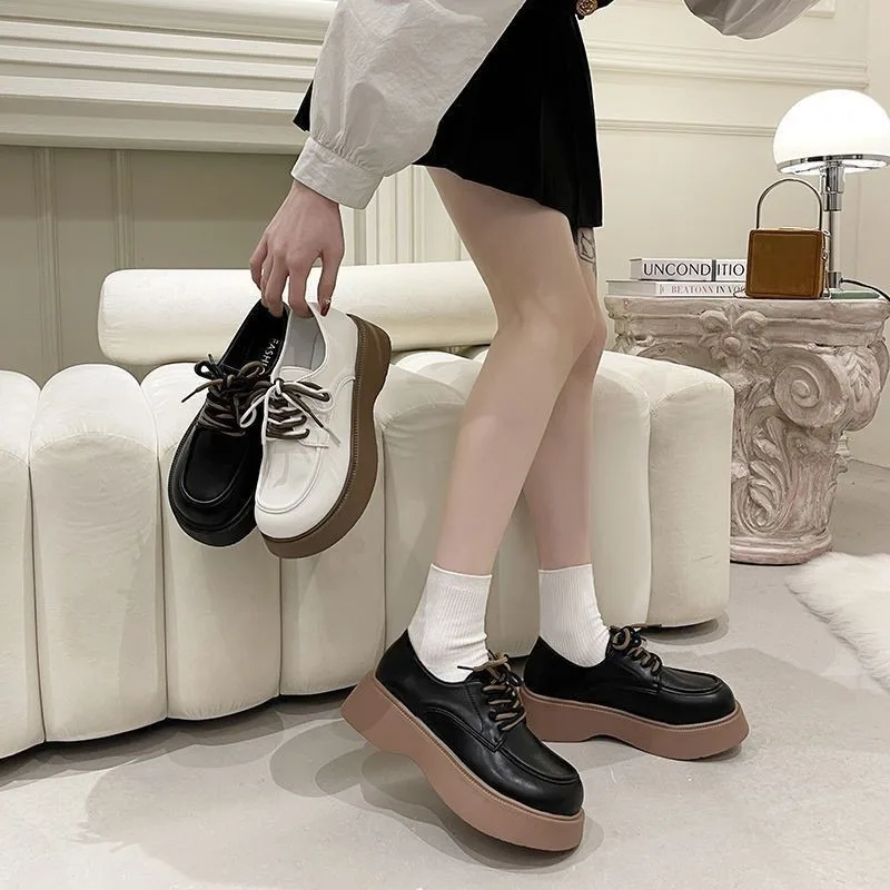 Mid Heel Round Toe Loafers Lace-up Casual 2024 Fashion Ladies Shoes Spring/autumn Sewing Solid Fashion Pumps Salto Alto