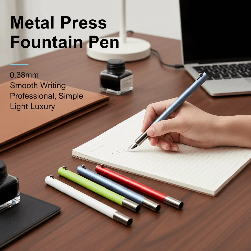 0.38mm Metal Press Fountain Pen Smooth Writing Simple Retractable Fountain Pen Solid Color Light Luxury Ink Fountain Pen