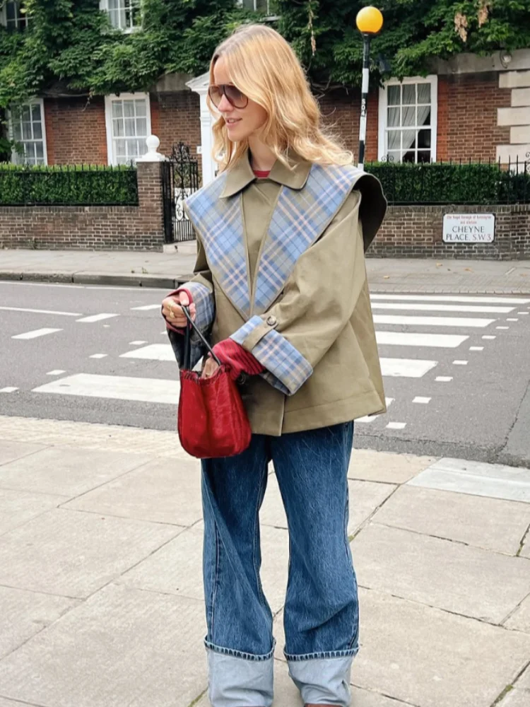 Chique xadrez dupla face casacos feminino lapela único breasted manga longa bolso rendas até jaqueta 2025 outono senhora casual outwear novo
