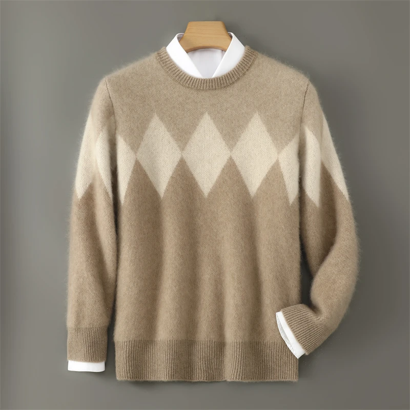 Men's Diamond Jacquard Knit Sweater, Leisure Style Fashion, Color-blocking, Men Pullover, 100% Australian Wool, Autumn, Winter