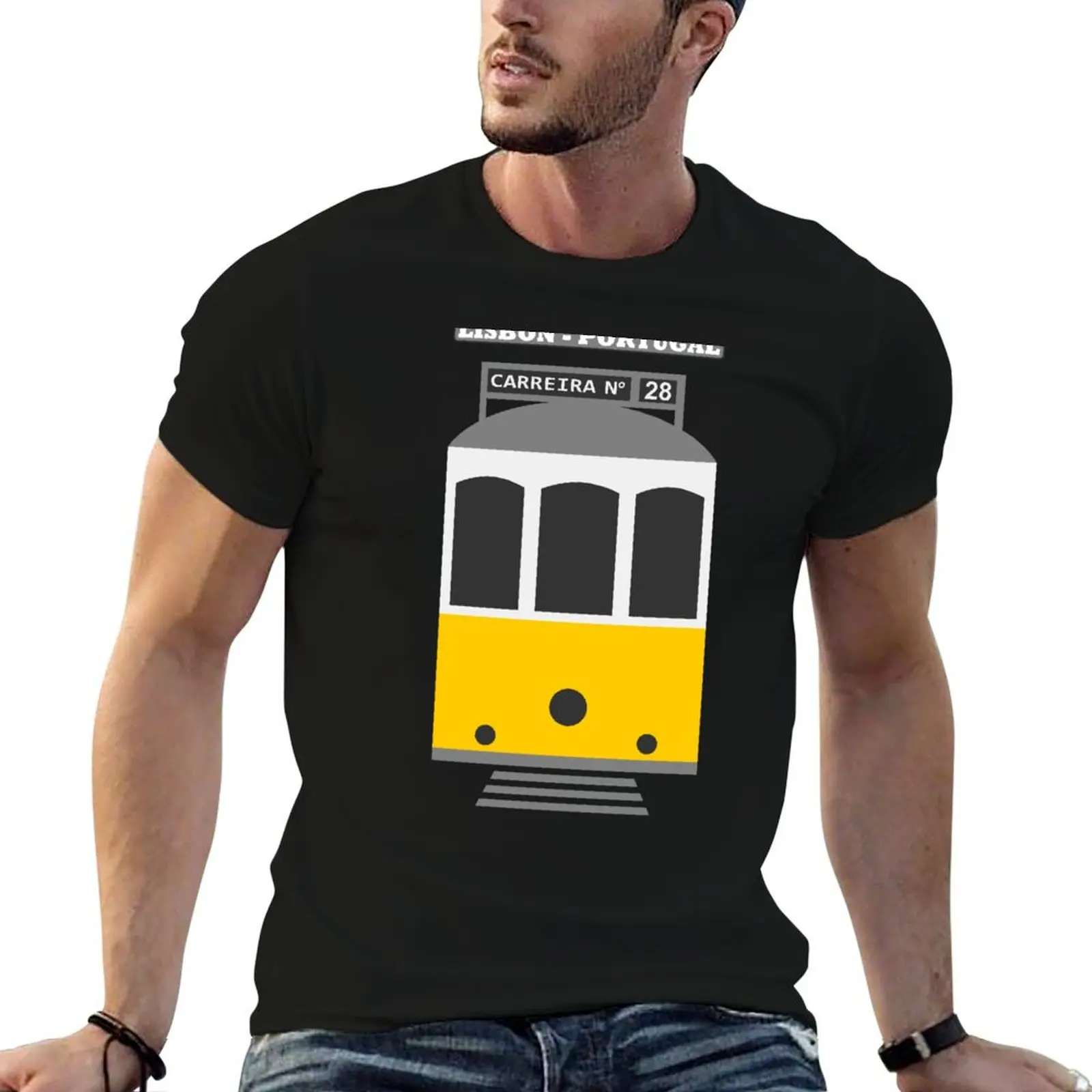 Lisbon tram - Elétrico de Lisboa - Carreira 28 (with city name, on black) T-Shirt graphics men t shirts