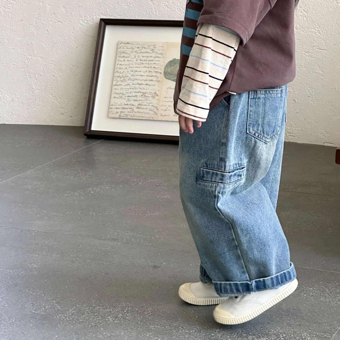 

2025 Spring Summer Children's Casual Loose Denim Work Pants Middle Children Solid Color Versatile Wide Leg Straight