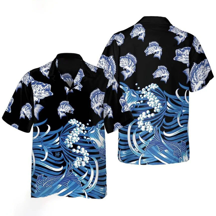 Fishing Wave Print Men's Shirt Summer Anime Vintage Lapel Hawaiian Beach Shirt Men's Casual Single Breasted Short Sleeve Top