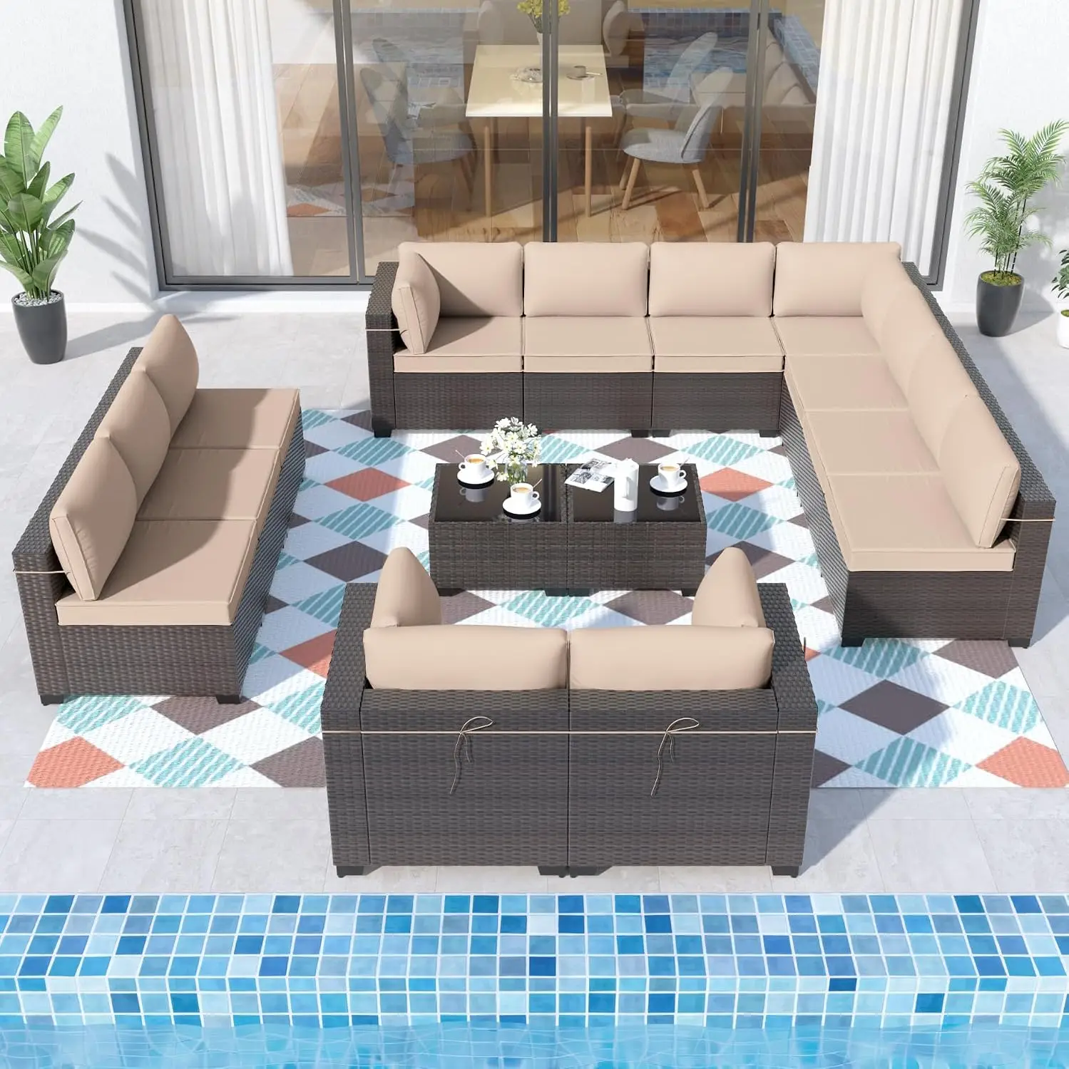 14 Pieces Patio Furniture Set Wicker Patio Conversation Set, Outdoor Sectional Furniture w/Coffee Table & Washable, Customized
