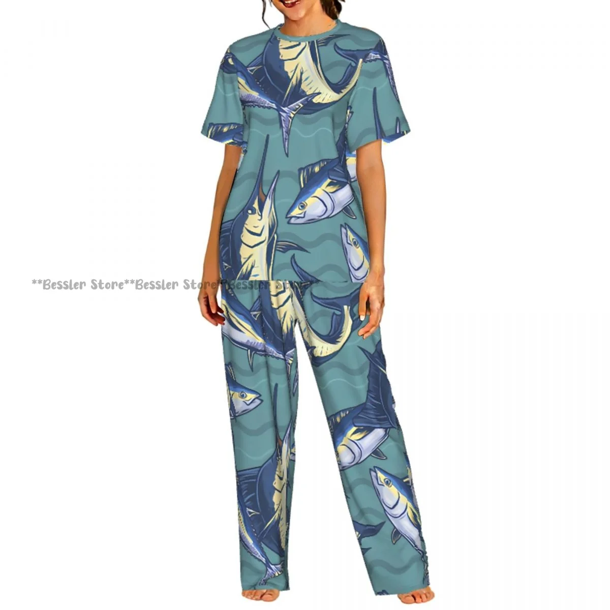 

Женский комплект из 2 предметов: пижама с принтом морских рыб, топ с короткими рукавами и брюки для сна