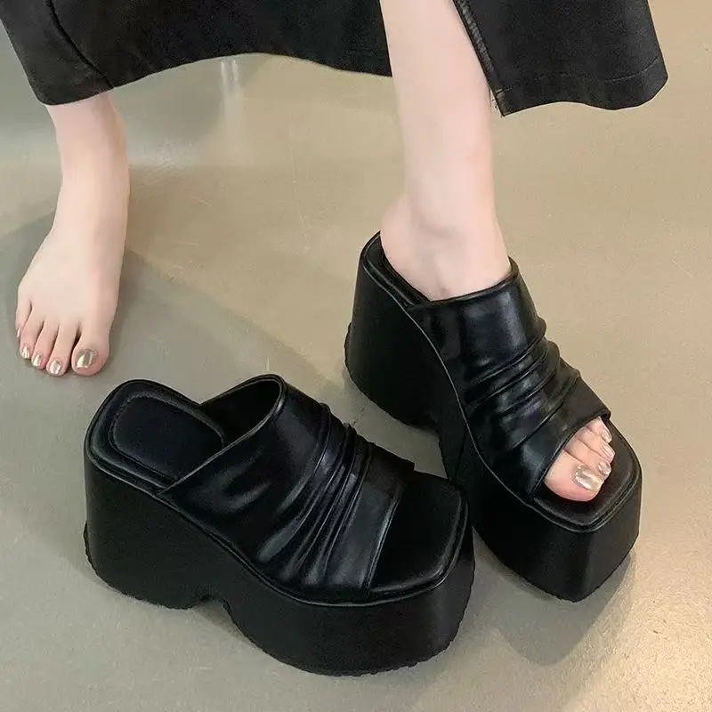

10cm Thick Bottom Slippers Square Head Large Size 34-43 Casual Korean Women's 2025 Summer Sandals Sponge Cake Shoes
