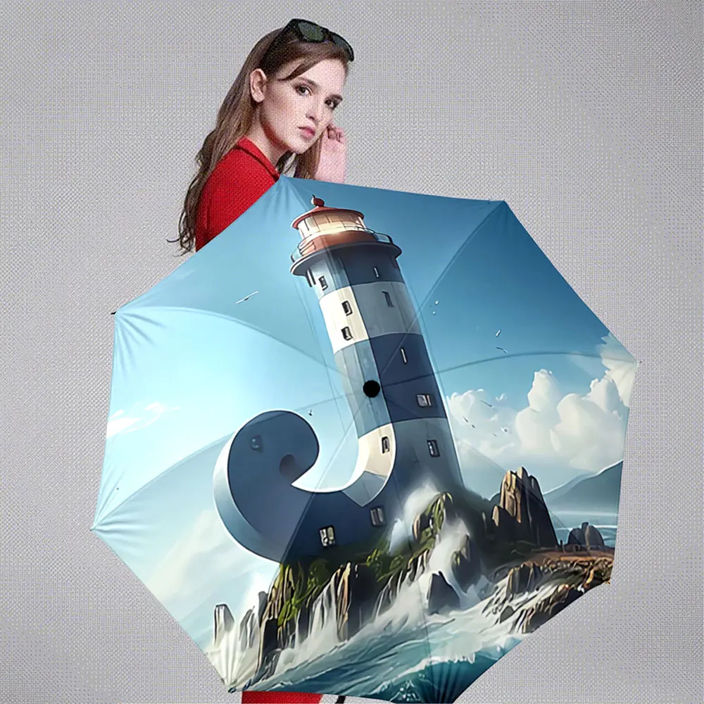 Curved Lighthouse on Rocky Coast with Ocean Waves portable waterproof sun rain umbrella for outdoor travel beach