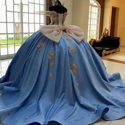 High Quality Lake Blue Princess 15 16 Year Girl Quinceanera Dresses Cap Sleeve 3d Floral Bow Women Prom Birthday Party Dress New