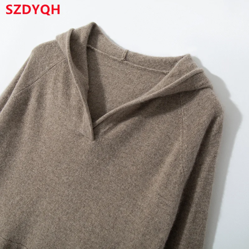 High-end New 100% Pure Cashmere Sweater Long Dress Women Long Sleeve Knitted Dresses Female Solid Color Fashion Hooded Pullover