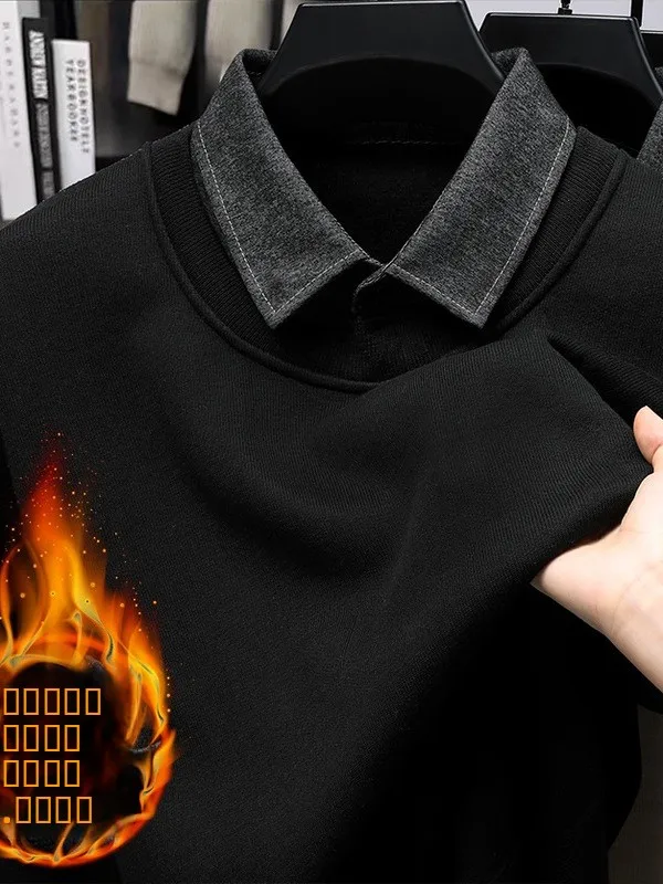 

Мужской вязаный свитер с имитацией двухслойности, воротником-рубашкой и флисовой подкладкой, зимний, теплый, утолщенный, с интегрированным бархатным слоем