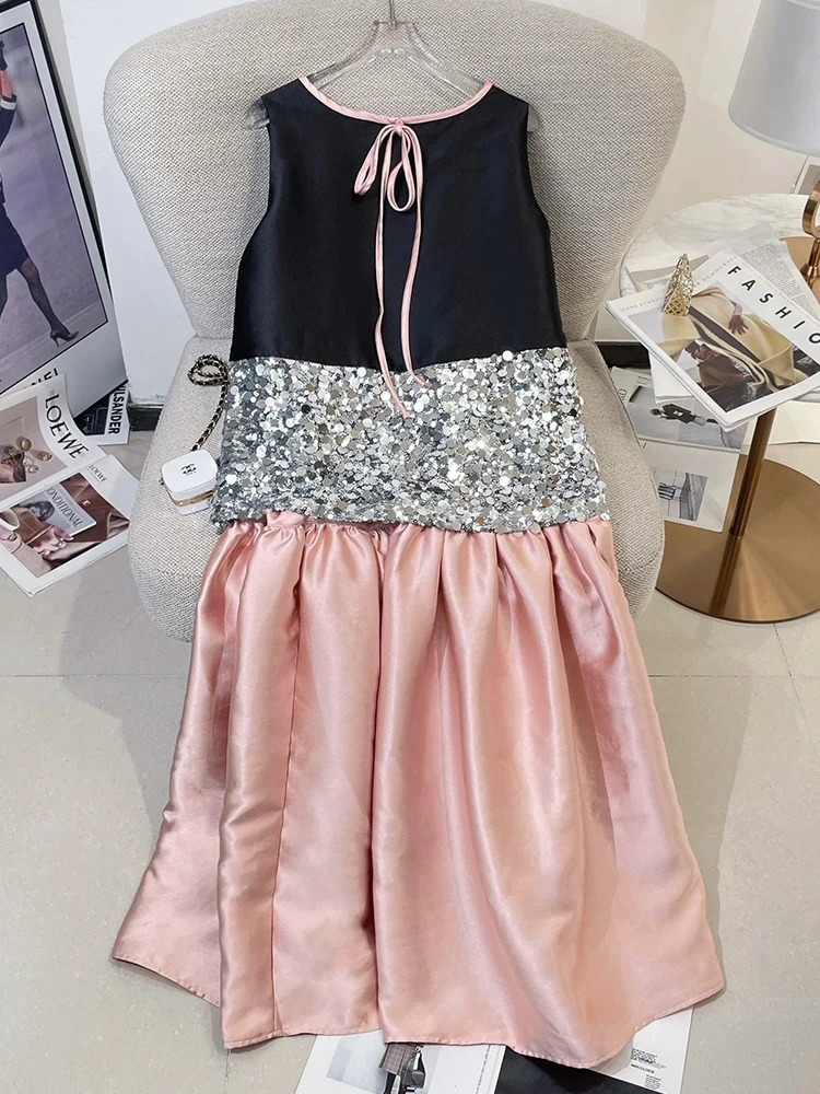 ReddaChic Women Sequined Tank Long Skirt Pretty and Elegant Color Block Ruffle Skirt Stitch Tank Top Set Work Summer Clothes view 6