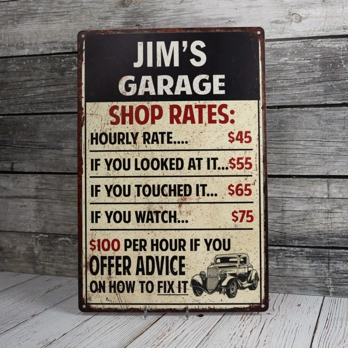 Personalisiertes Metallschild „Man Cave Shop Rates“ für Heimdekoration, staubdicht, wasserdicht (nur Dekoration)