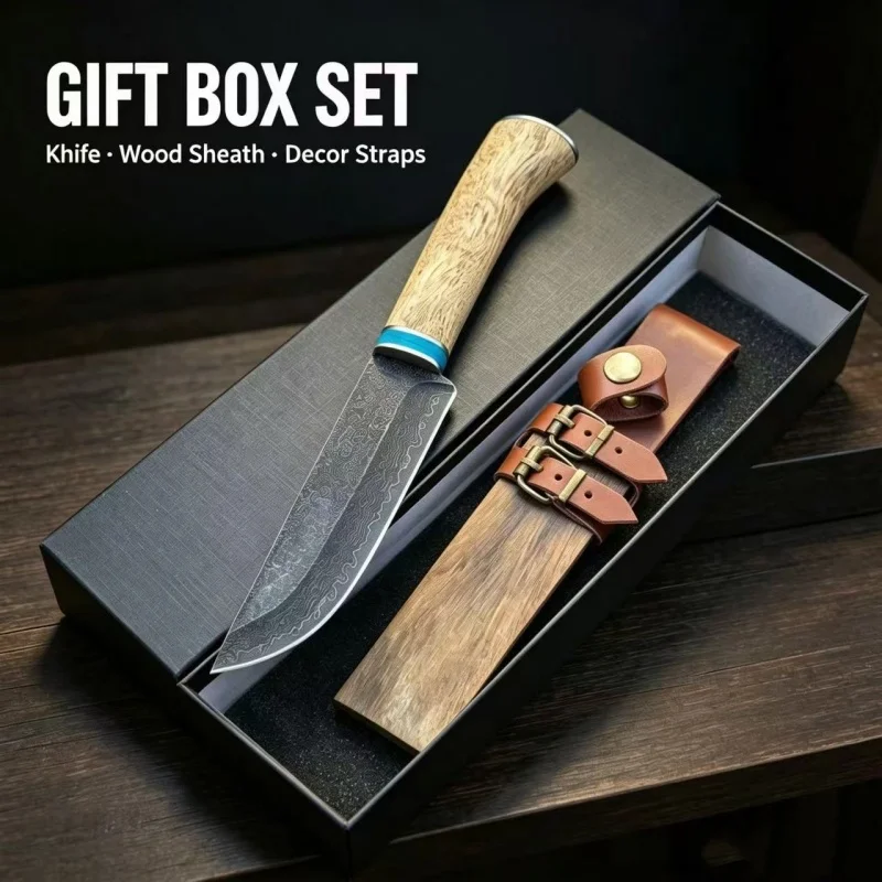 Fixed Blade Utility Knife Gift Box Set, Damascus Pattern Blade Wood Handle Hand Craft Collectible Tool, Wooden Sheath Included