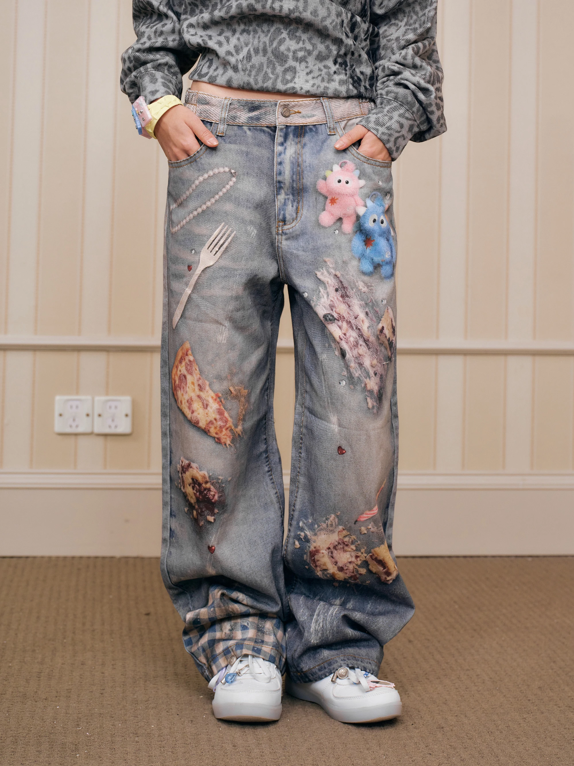Casual Loose Straight Leg Jeans Digital Printing Washed Denim mid Waist Zipper Fly Versatile All Seasons Straight Cut Trousers