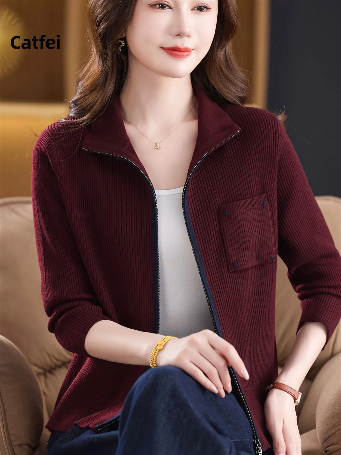 

Модный вязаный открытый кардиган свободного покроя с отложным воротником Base irt для женщин среднего возраста и ly Warmth-kee Dail...