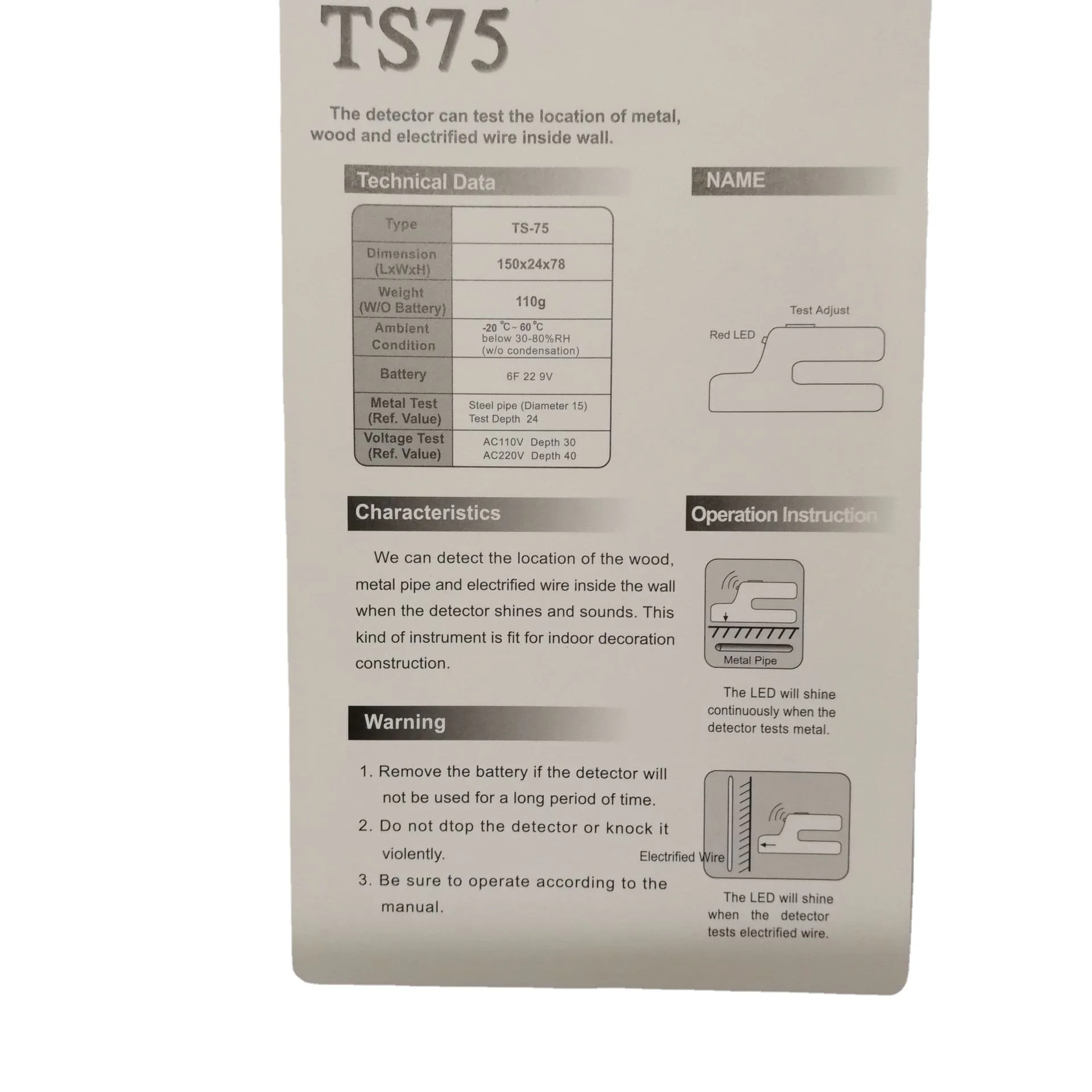 Imagem -05 - Detector de Metais Ts75 Dois em um Detector de Metais Tensão Precisão Sensor de Alarme Sonoro e Visual