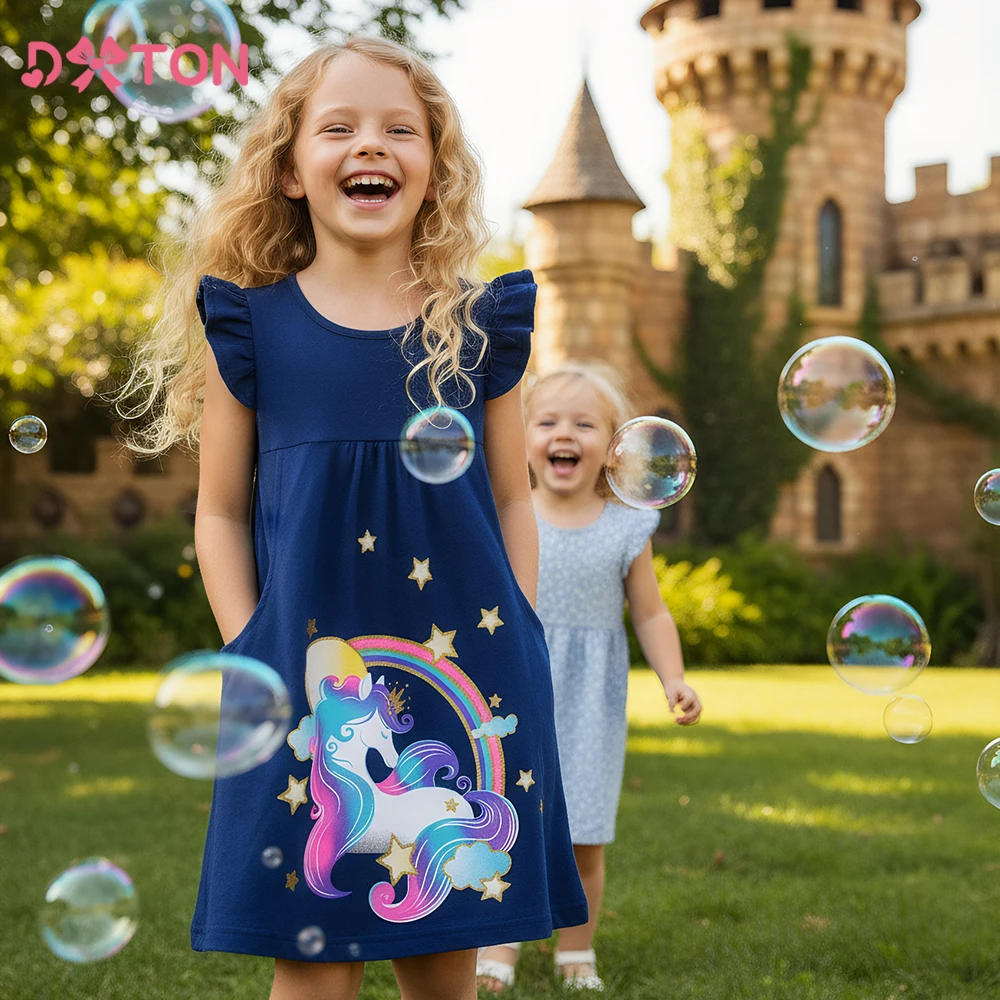 

DXTON Girls Summer Casual Clothing Sleeveless Toddler Kids Dress Star Cartoon Garden Camping Baby Kids Daily Dress with Pocket