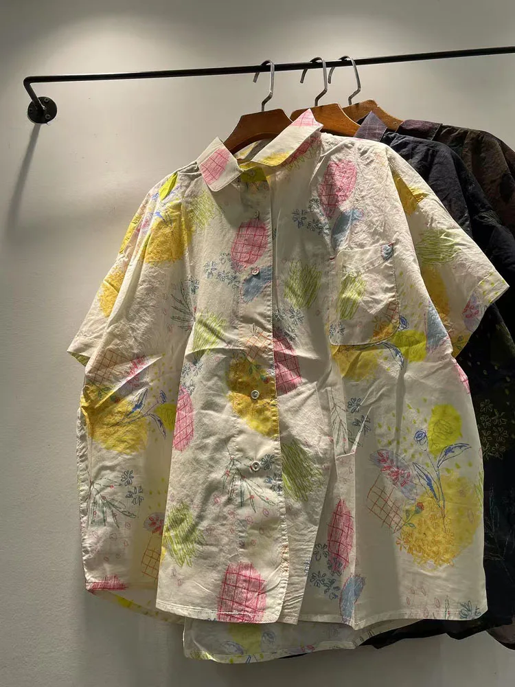 

Summer Women's Loose Cotton Print Collar ort Sve irt Korean Sle Faion Casual Busin Office Workwear