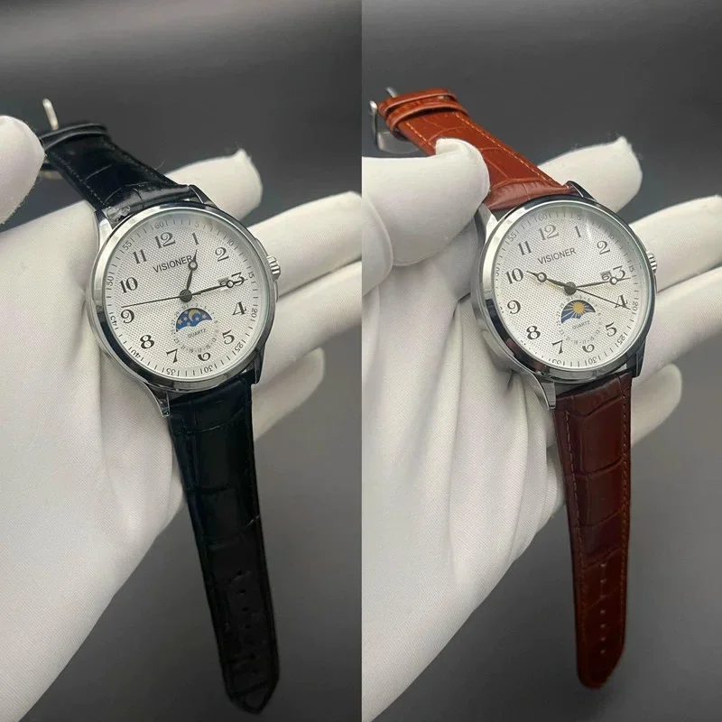 حار بيع! هايت الجودة الرجال الترفيه الاتجاه كوارتز ساعة الشمس القمر ستار ساعة جلد طبيعي التقويم جولة الفولاذ المقاوم للصدأ وات