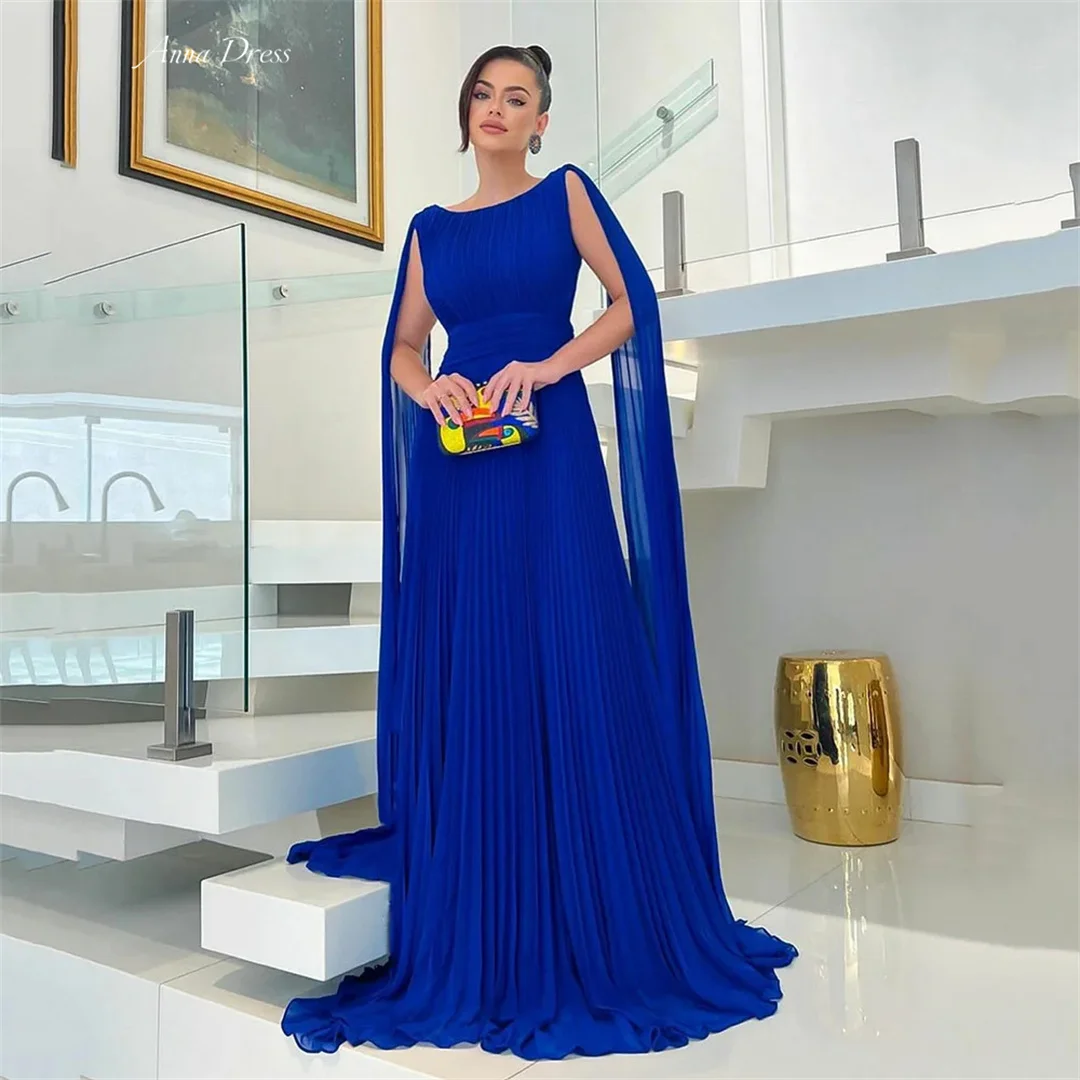 

Anna Blue Evening Dresses Custom Made Wedding Party Dress Chiffon Folds Crew Neck Ground Length Elegant Woman Prom Women Special