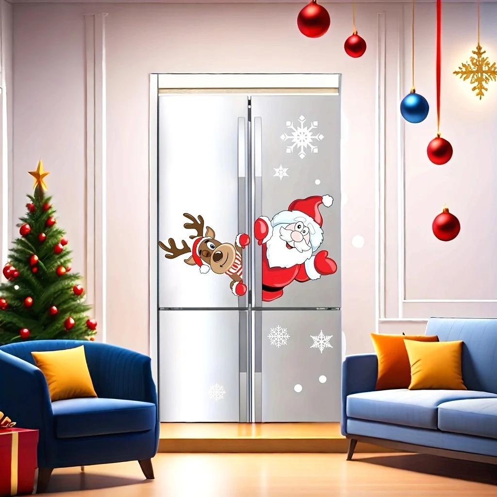 2pcs Self-Adhesive Christmas Static Cling Stickers Set - Santa & Reindeer Peeking Through Glass Doors,Christmas decorations