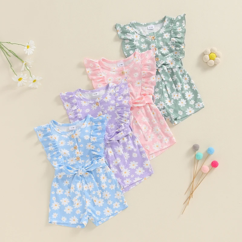 

2024-05-08 Lioraitiin Baby Girl Summer Jumpsuit Ruffle Sleeveless Round Neck Floral Print Belted Romper Shorts Toddler Playsuit