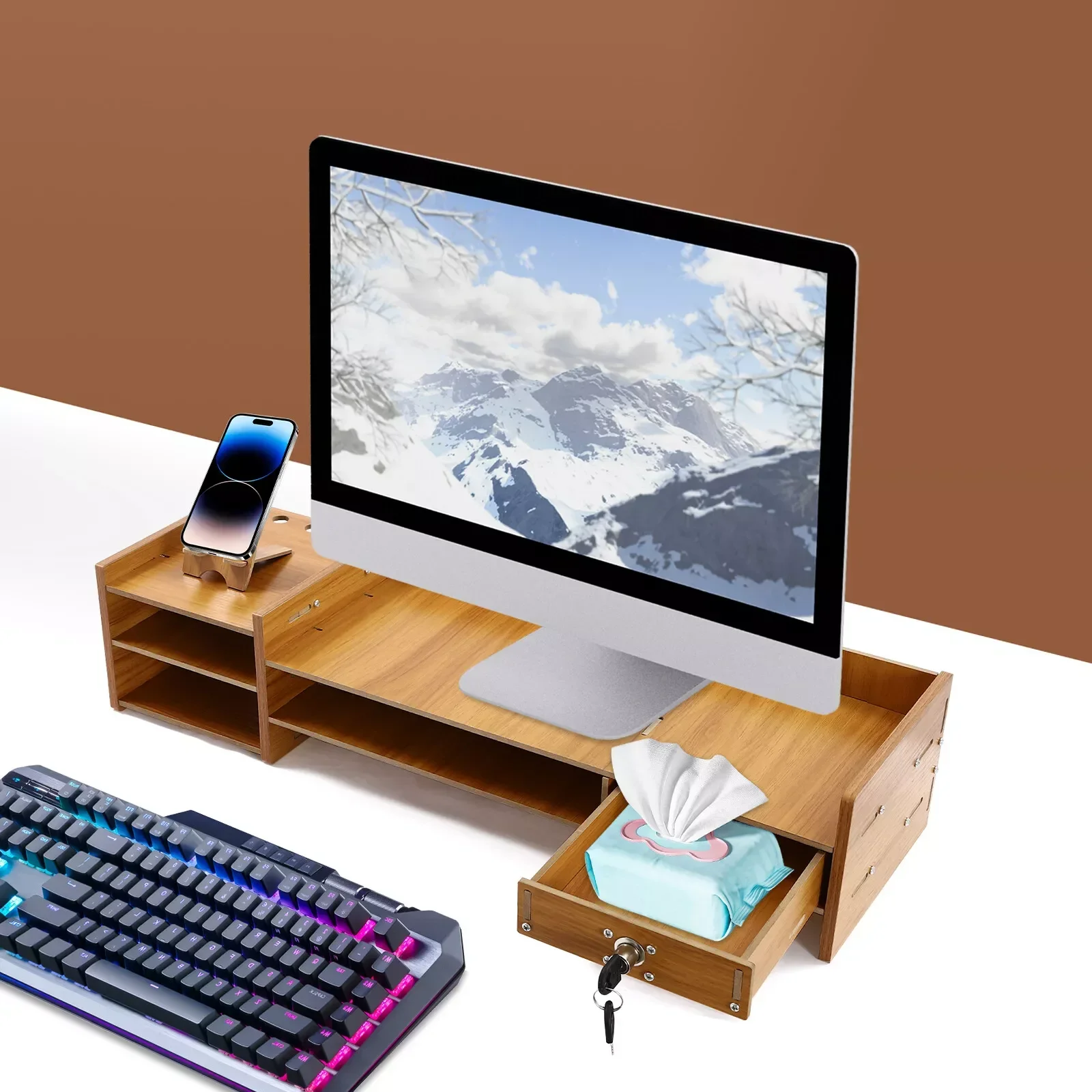 Wood Desk Organizer Stand With Drawers Home Office Desktop Storage Monitor Holder Stand Computer Holder