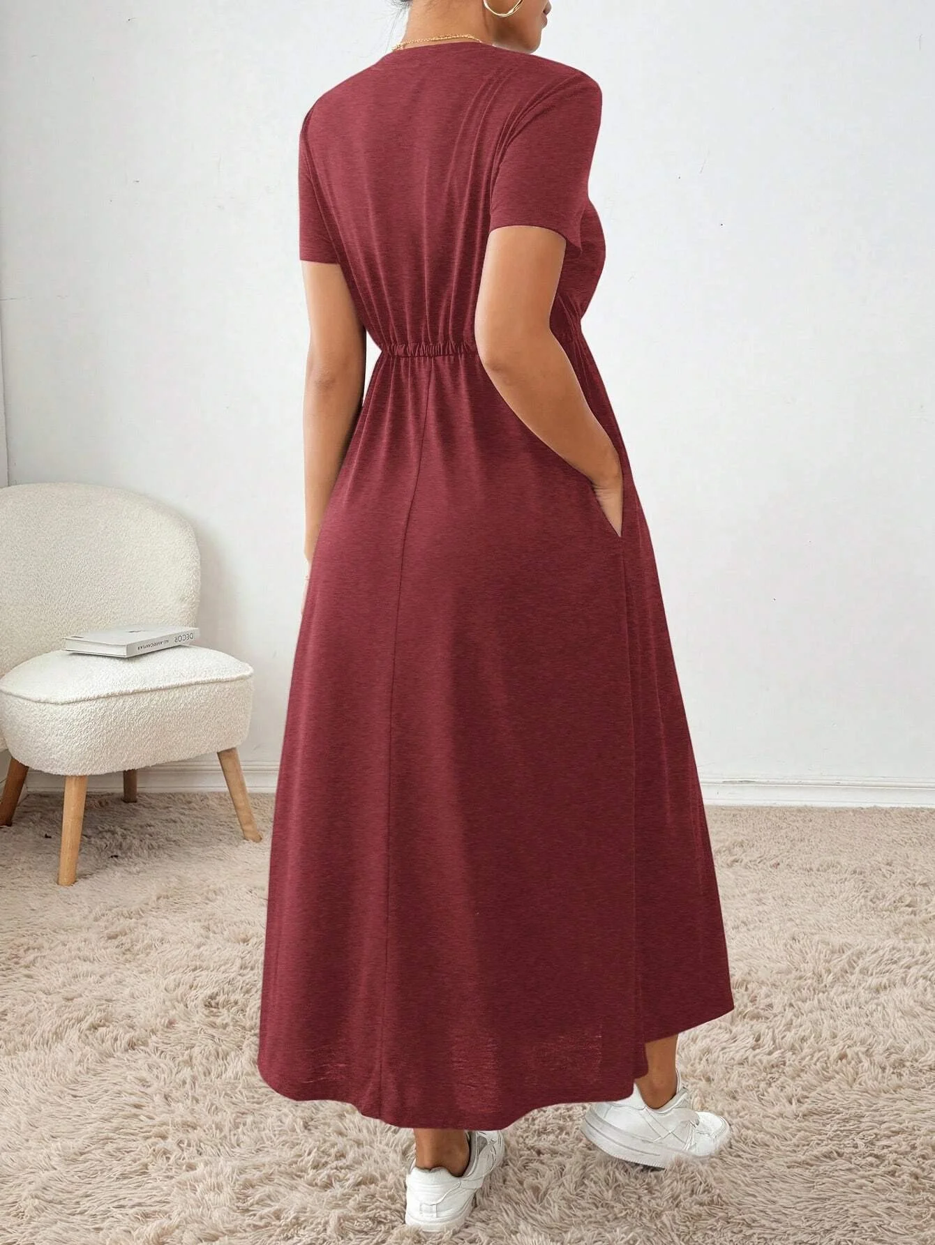 Drawstring waist side pocket MIDI dress for casual women's wear in summer and autumn
