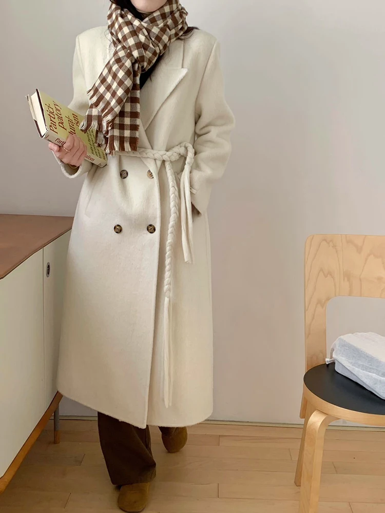 [LANMREM] Fashion Double Sided Woolen Coat For Women Lapel Solid Color Belt Gathered Waist Coats 2024 Winter New 26C454