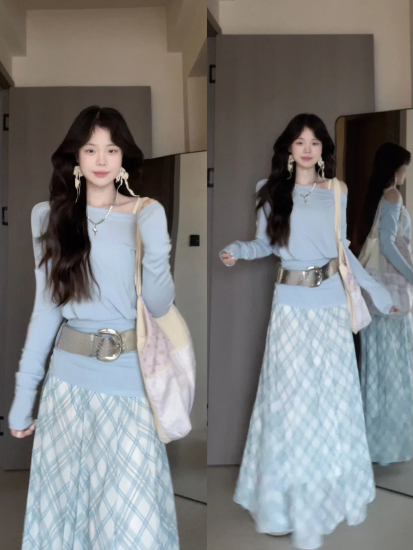 

Early Spring Beautiful Korean Design Shoulder T-Shirt And Plaid Skirt Two-Piece Women's Fashion Set Warm Polyester Blend