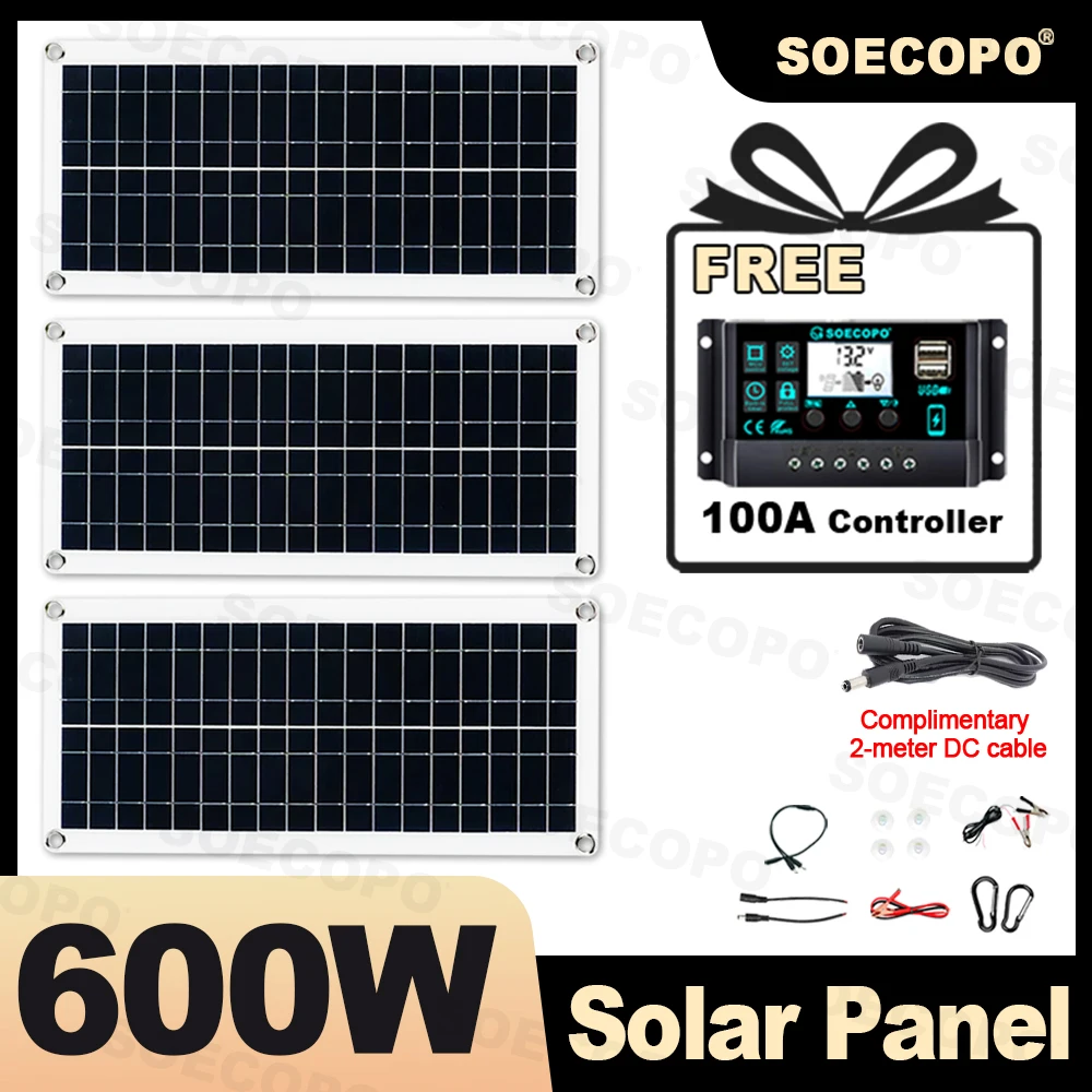 SOECOPO 600W Portable Solar Panel Set 3*200W Solar Panel with Free 100A Controller USB 5V Perfect Camping Photovoltaic Phone