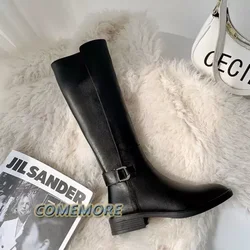 Designer Female Leather Long Boots 2024 Trend Spring Autumn Knee High Boot Black Comfortable Low Heels Luxury Shoes for Women's