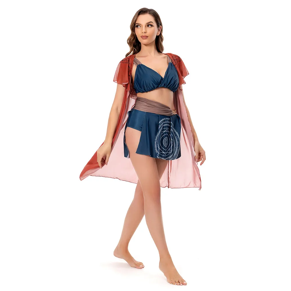 Traje de baño de Halloween para mujer, traje de baño con capa Sexy, conjunto de Bikini rojo y azul para verano