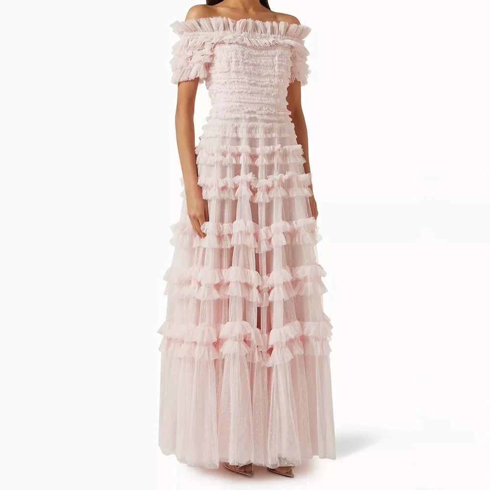 

Customized A-line Evening Dresses Ankle-length Off The Shoulder Short Sleeve Prom Gown Fashion Ruched Simple Draped Party Gown