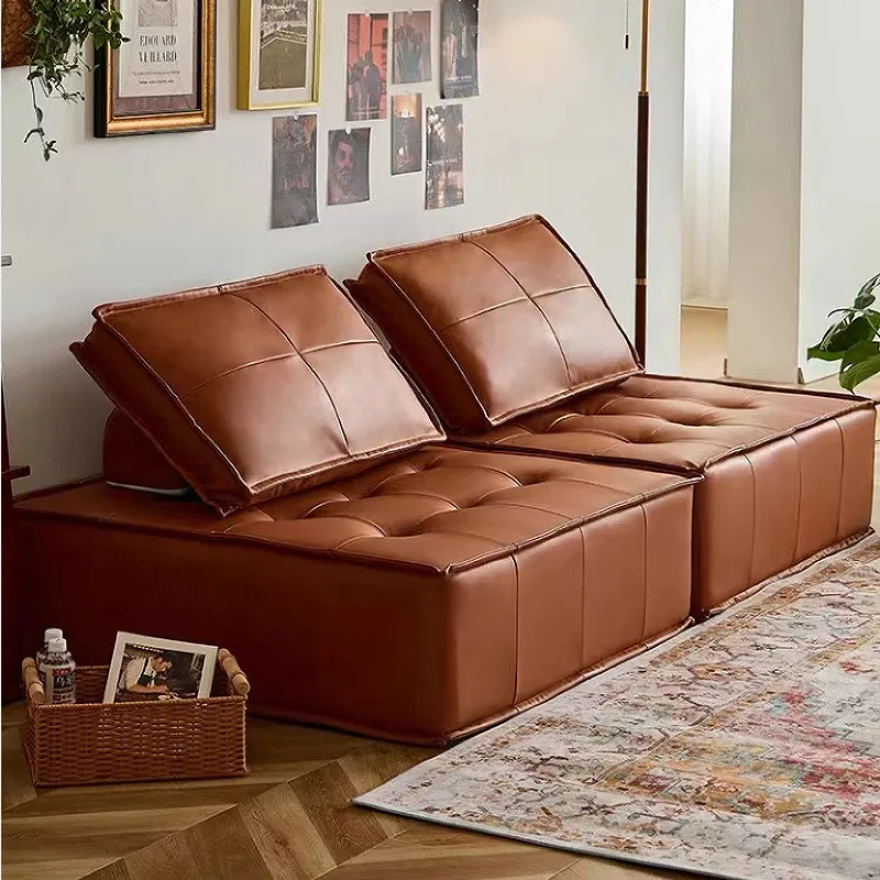 

Tofu block sofa leather Italian minimalist small apartment Piedmont living room square combination leather sofa module