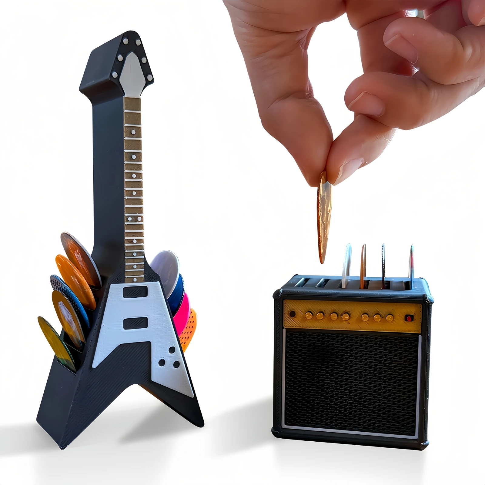 Rock V-Shaped Guitar Pick Holder + Plectrum Drawer Box Set, Amplifier Shape Storage Stand and Rock Style Gift Combo