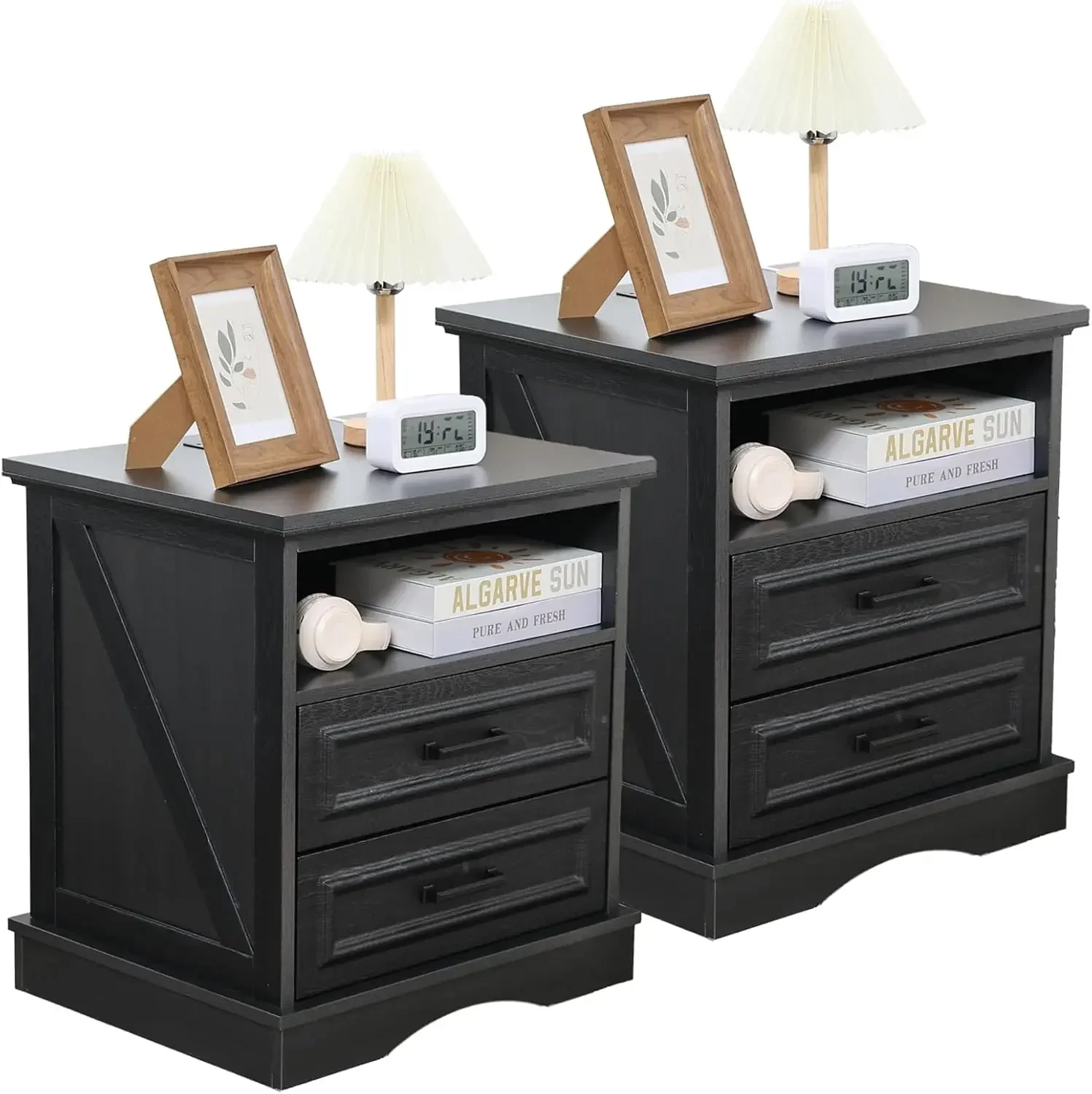 Farmhouse Nightstands Set Of Two Wood Nightstand With Charging Station 22 Inch Wide End Table With Two Drawers Black Bedside Cab