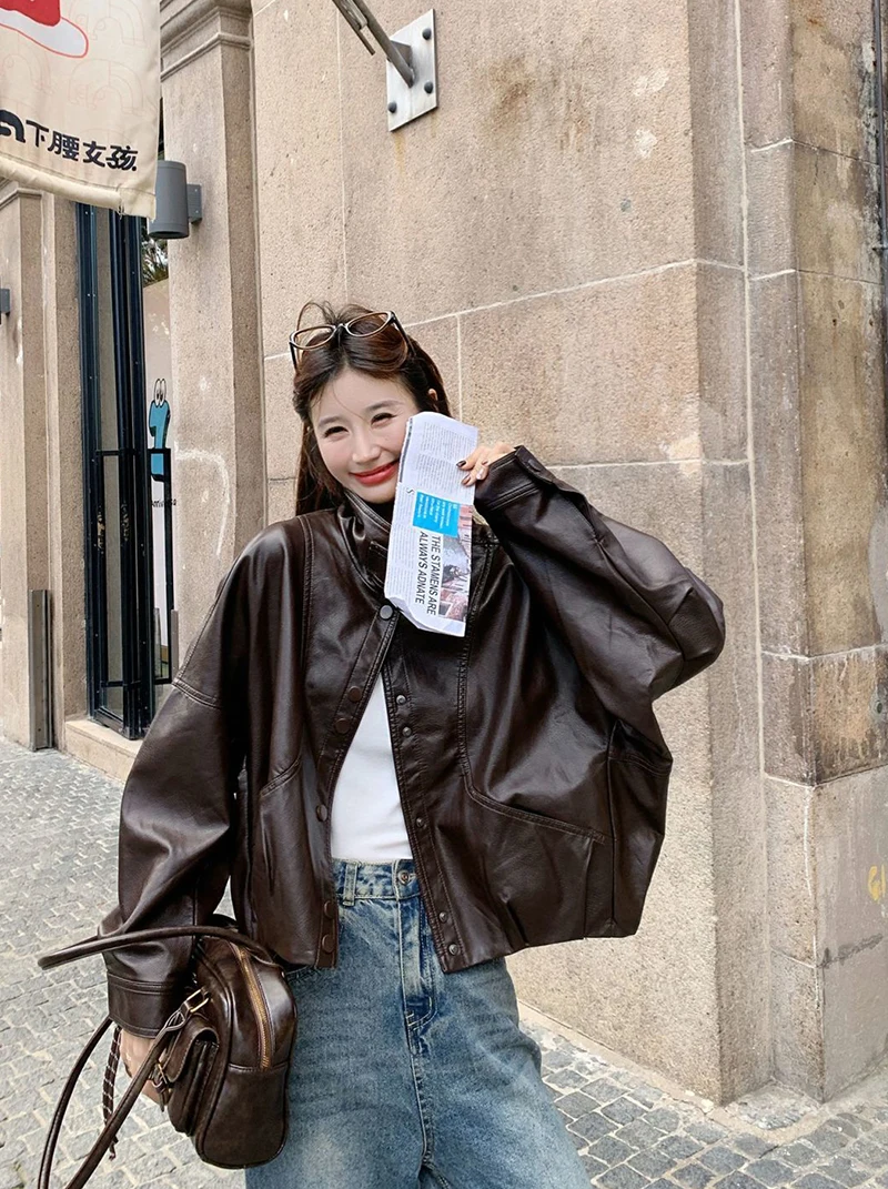 Women Faux Leather Jacket Stand Collar Snap Button Coat Oversized Drop Shoulder Bomber Y2K Retro Streetwear Autumn Outerwear Top