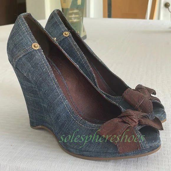 Zapatos de Tacón de Cuña Estilo Vintage con Punta Abierta, Diseño de Lazo en Tela Denim, Detalles de Remaches, Zapatos Casuales de Plataforma para Mujer