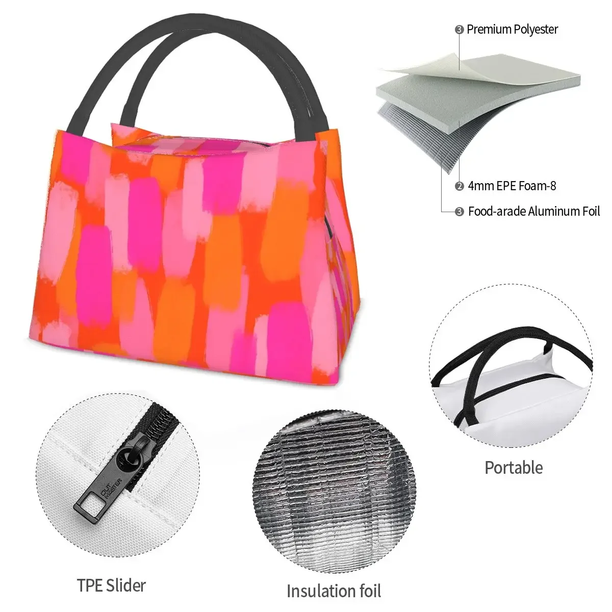 Bolsa de almuerzo con pincel de pintura abstracta para mujer, fiambrera rosa y naranja, bolsa refrigeradora Retro para pícnic al aire libre, bolsas térmicas portátiles para el almuerzo