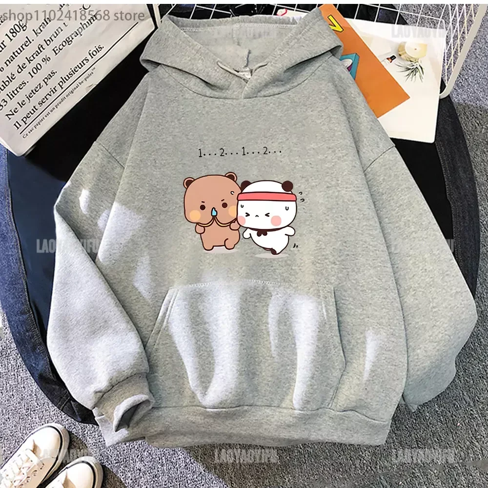 Kawaii Panda Bear Hoodie Cute Couple Bubu and Dudu Are Doing Exercise Sweatshirt Girl Top Men Women Long Sleeve Clothe Pullover