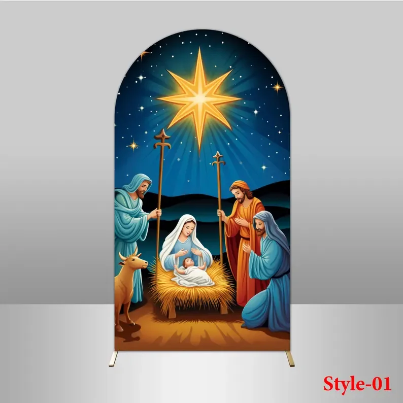 Mehofond Christmas Night Nativity 2-Sided Arch Cover Backdrop Birth Date Of Jesus Xmas Farm Barn Baby Decoration Photo Studio