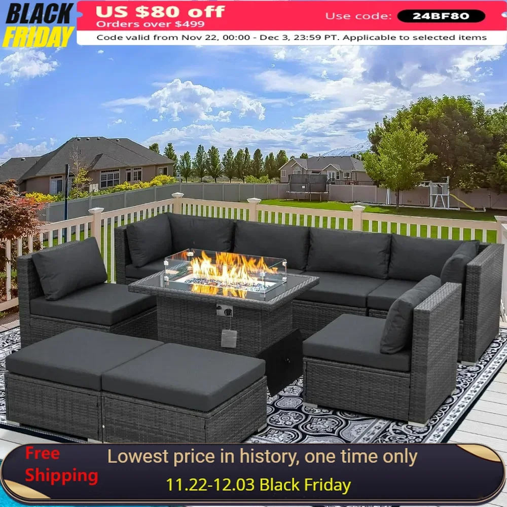 Patio Furniture Set Sectional Large Size Sofa Sets with Propane Fire Pit Table 55000 BTU Balcony Rattan Lounge Conversation Sets