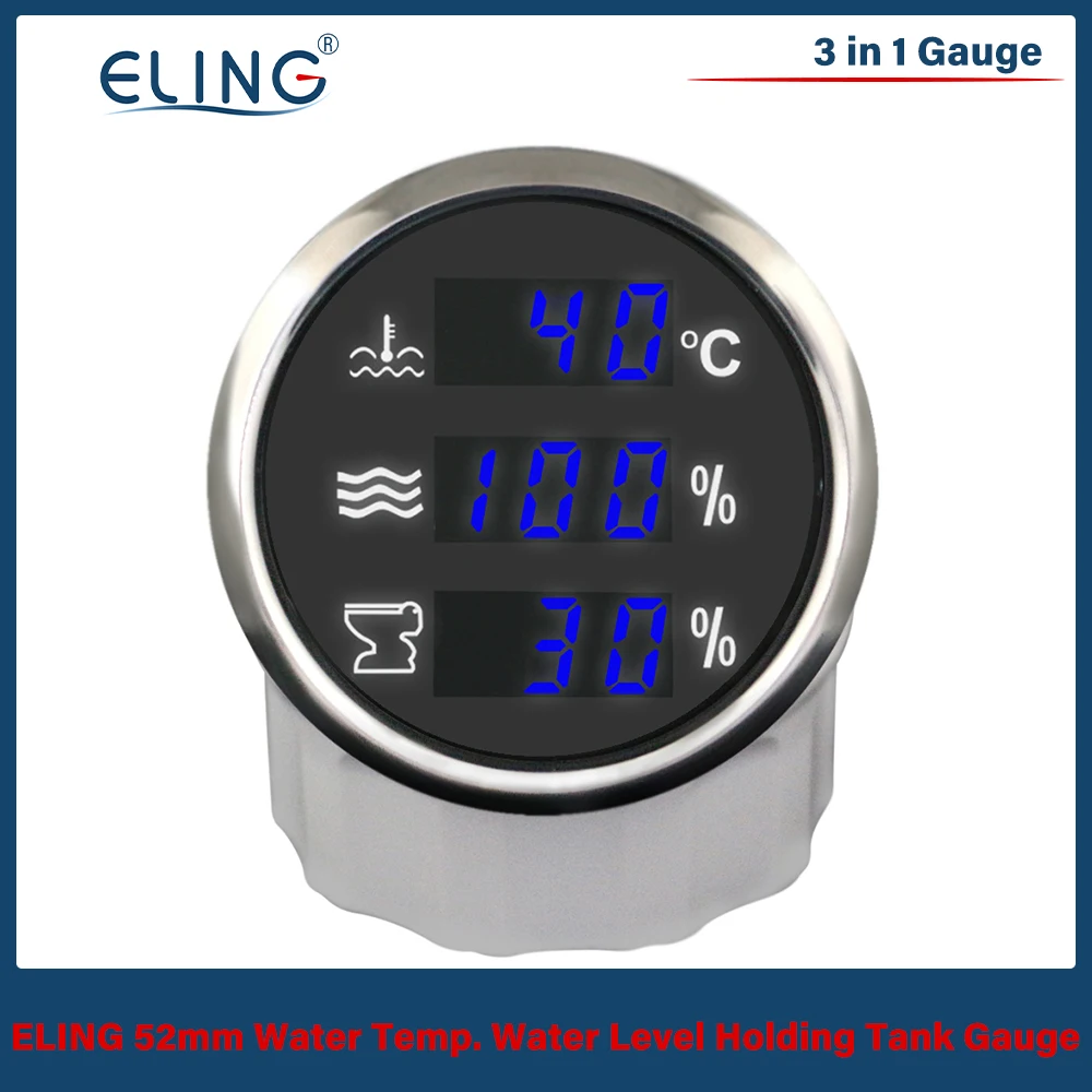 ELING Universal 52mm 3 in 1 Multi-Function Gauge Water Temp. Water Level Holding Tank with Blue Backlight 12V 24V