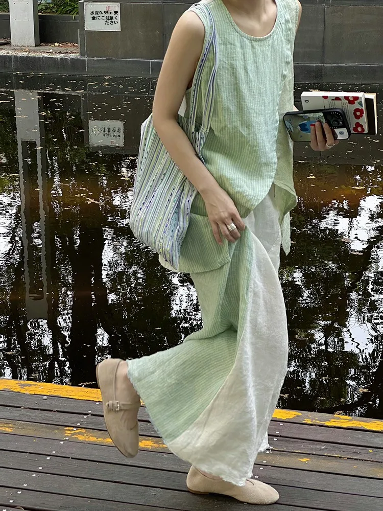 

FURALI Linen Shirt Light Green Dyed Fabric Summer Thin Half Skirt Color Block Design V Neck Sleeveless Women's Casual Top