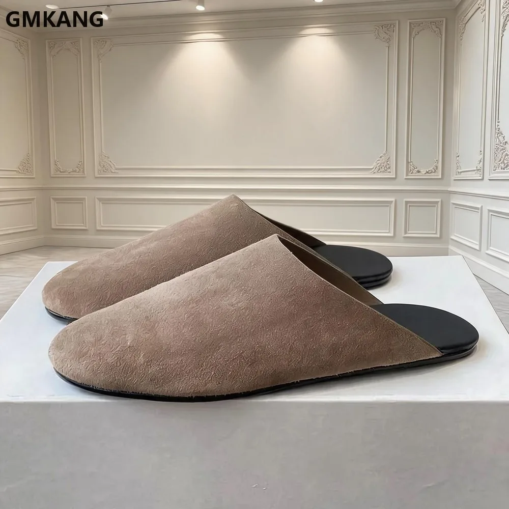 Spring Autumn Cow Suede Slip-On Mules Women Retro Round Toe Lightweight Comfort Flat Shoes Daily Casual Half Slippers