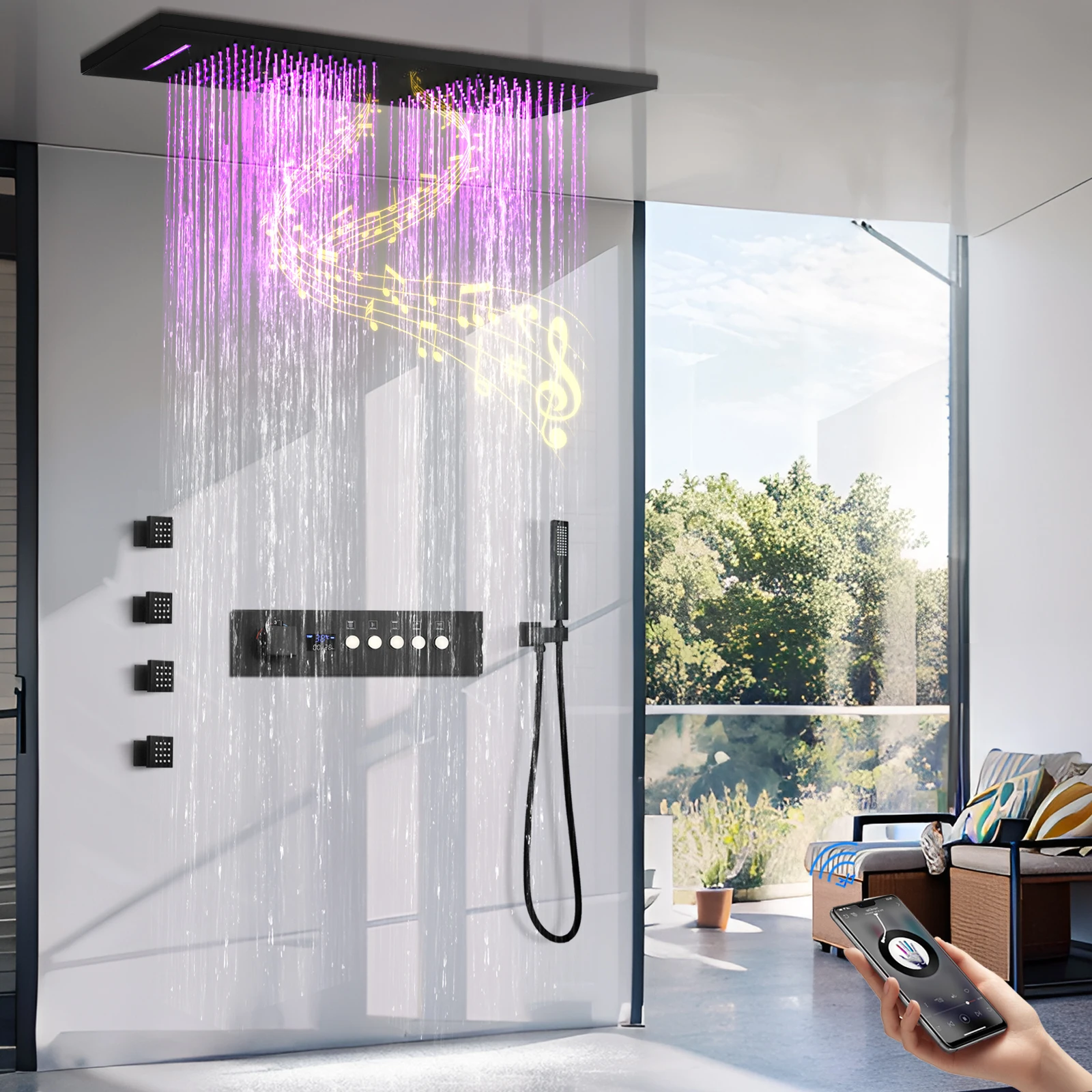 Music Led Shower System 36*12 Inch Ceiling Mounted Rain Mist Waterfall Shower Display Thermostatic Led Shower Faucet Bathroom