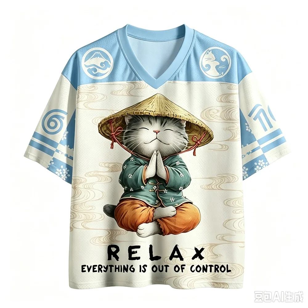 Japanischer Retro-Zen-Katzen-3D-Druck Schnelltrocknendes Atmungsaktives Sport-T-Shirt für Männer und Frauen mit V-Ausschnitt, Modische Streetwear für Eltern – Detail 7